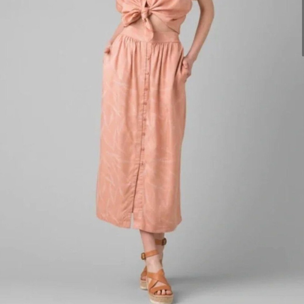 Prana Swift Lake Button Front Midi Skirt Coral Leaf Pattern Size small